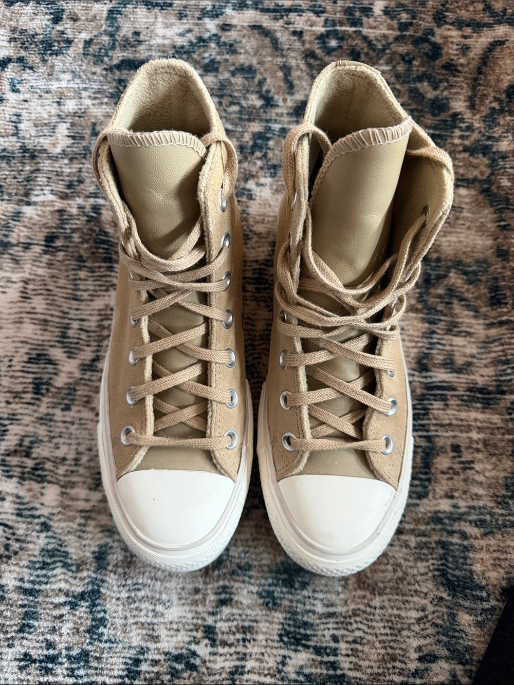 Converse High-Top Platform Sneakers in Tan Suede